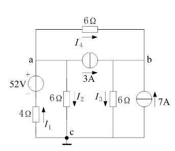如图所示，分别以a、b为参考点，用节点电位法求各支路电流。    