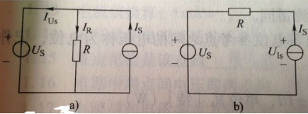 已知电路如图所示，US=1V，IS=1A，R=1Ω，试求各元件功率，并指出元件是发出还是吸收功率。已