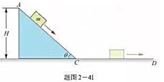 如题图2－41所示，一个固定的光滑斜面，倾角为θ，有一个质量为m小物体，从高H处沿斜面自由下滑，滑到