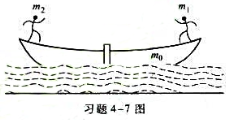 质量为m0，长为l的小船静浮于河中，小船两头分别站着质量为m1和m2（m1>m2)的人，他们同时相对