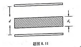 如题图8.11所示，一平行板电容器两极板相距为d,面积为S,其中平行于极板放有一层厚度为d1的电介质