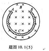 在圆柱形空间内有一－磁感应强度为B的均匀磁场,如题图10. 1（5)所示,B的大小均匀减小,有一弧形