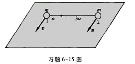 如习题6－15图所示，质量均为m的小球1、2用长为4a的细线相连，以速度v沿着与线垂直的方向在光滑水