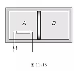 如图11.18，一容积为40L的绝热容器，中间由一无摩擦的绝热可动活塞隔开，A，B两部分各贮有1mo