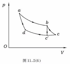 某理想气体进行如图11.2（6)所示的循环。第一个循环中，ab为等温过程，bc为绝热过程，cd为等温