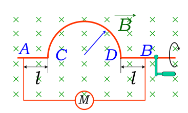 一导线AB弯成如图的形状（其中CD是一半圆，半径r=0.10cm，AC和DB段的长度均为l=0.10