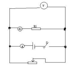 如图所示的电路中，电源电压保持不变。闭合电键S，当滑动变阻器的滑片P向右移动时．不变的是： A.电流