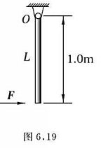 长为1m、质量为2.5kg的一均质棒，垂直悬挂在转轴O点上，用F=100N的水平力撞击棒的下端，该力