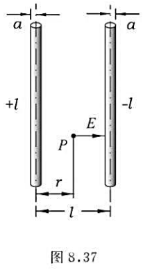 有两个半径均为a，轴线间相距为l的“无限长”直导线（l大于2a)，带有等量异号的电荷，单位长度上带电