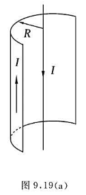 如图9.19（a)所示，一半径为R的无限长半圆柱面导体，其上电流与其轴线上一无限长直导线的电流等值如