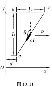 如图10.11所示，长直载流为I的导线与一直角导线回路abc共面，长为l1的边ab起始时与导线的距离
