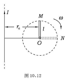 如图10.12所示，长直载流I导线与一导体棒OM共面，棒长为l。今棒以角速度ω绕端点O转动，导线至点