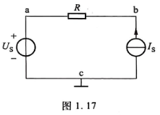 在图1.17所示直流电路中，已知Us=3V，Is=3A，R=1Ω。求a、b、c三点的电位。请帮忙给出