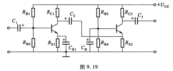在图9.19所示放大电路中，已知RB1=20kΩ，RB2=10kΩ，RC1=。求该放大电路的总电压放