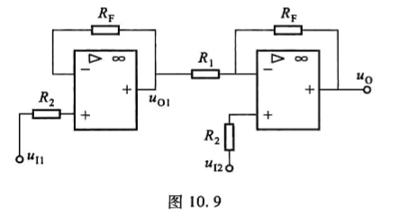 在图10.9所示电路中，已知RF=4R1，求u0与u11和u12的关系式。请帮忙给出正确答案和分析，
