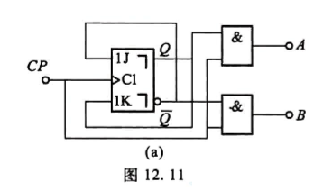 图12.11（a)所示是用JK触发器组成的双相时钟电路。若CP端加上时钟脉冲信号，在输出端可得到相位