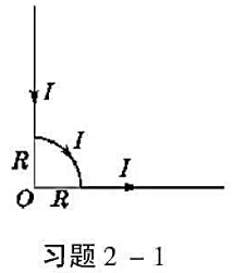如本题图所示，一条无穷长直导线在一处弯折成1／4圆弧，圆弧的半径为R，圆心在O，直线的延长线都通如本