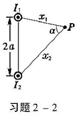 如本题图所示，两条无穷长的平行直导线相距为2a，分别载有方向相同的电流I1和I2，空间任一点P到I1