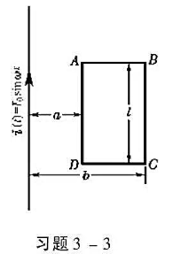 如本题图所示，一很长的直导线有交变电流i（t)=I0sinωt，它旁边有一长方形线圈ABCD，长为l