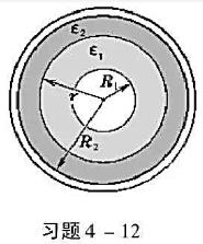 球形电容器由半径为R1的导体球和与它同心的导体球壳构成，壳的内半径为R2，其间有两层均匀电介质，分界