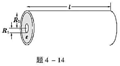 圆柱形电容器是由半径为R1的导线和与它同轴的导体圆筒构成的，圆筒的内半径为R2，其间充满了介电常量为
