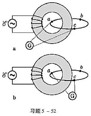 在环形铁芯上绕有两个线圈，一个匝数为N，接在电动势为E的交流电源上;另一个是均匀圆环，电阻为R，自感