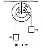 如图4－19所示，两个圆轮的半径分别为R1和R2,质量分别为 。二者都可视为均匀圆柱体面且同轴固结在