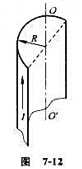 如图7－12所示，一个半径为R的无限长半圆柱面导体，沿轴线方向的电流I在柱面上均匀分布。求半四柱如图