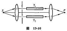 图13－10所示为瑞利干涉仪,用于测量空气的折射率。在双缝后面放置两个完全相同的玻璃管T1和T2,图