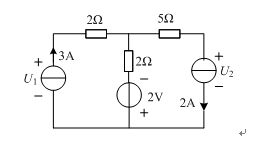 所示电路中，求U1、U2及电流源、电压源各自的功率。