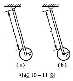 由长为l的轻杆与半径为r的匀质圆盘组成两个摆,其中一个摆的圆盘与杆固定连接,如图（a);另一个由长为