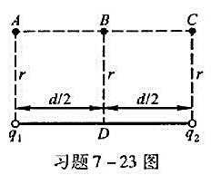 如图所示，已知r=6cm，d=8cm，q1=3x10^－8C，q2=－3x10^－8C。求：（1)将