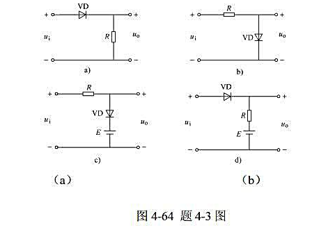 在图4－64所示电路中，已知ui=10sin100πtV，E=5V，二极管的正向压降可忽略，试分别画