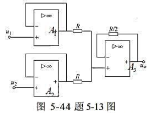 电路如图5－44所示。（1)写出u0和输入电压u1、u2的函数关系式。（2) 若u1=1.25V，u