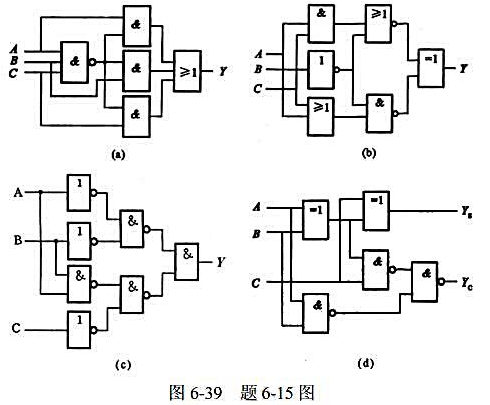 写出图6－39所示电路的逻辑表达式，并化简为最简与或式，分析电路的逻辑功能。写出图6-39所示电路的