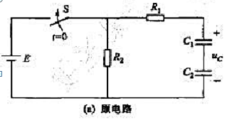 在图3.5.12（a)所示电路中，E=40V,R1=R2=2kΩ，C1=C2=10μF电容原先均未储