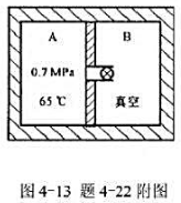 有一刚性绝热容器被绝热隔板一分为二，VA=VB=28x10－3m3，A中装有0.7MPa，65°C的