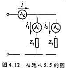 在图4.12中，电流表A1和A2的读数分别为I1=3A，I2=4A。（1)设z1=R，Z2=－jXc