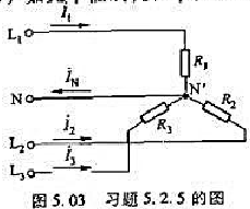 图5.03所示的是三相四线制电路，电源线电压Ui=380V。三个电阻性负载接成星形，其电阻为R1=1