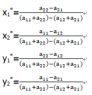 推导2x2对策的求解公式：当矩阵A不存在鞍点时，可以证明等式组一定有严格非负解x*=（x1*，x2*