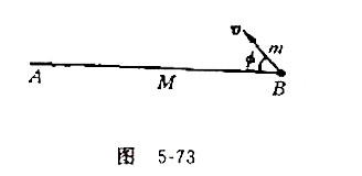 如图5-73所示,质量M的匀质细杆AB静止在光滑水平面上,B端的弹簧机构（其质量可略)将质量m的小球