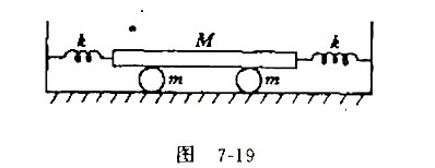 系统如图7-19所示,平衡时两个水平轻弹簧都处于自由，长度状态,平板左右振动时,下面两个相同的匀质圆