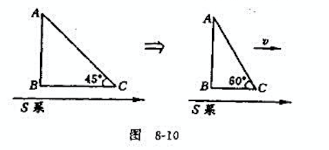 如图所示，S系中静止时的等腰直角三角板ABC沿其直角边BC方向匀速运动，成为∠C=60°的直角三角板