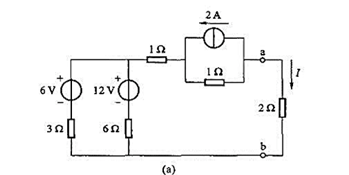 试用电压源与电流源等效变换的方法计算图1.4.27（a)中2Ω电阻中的电流I。试用电压源与电流源等效