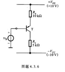 设PNP型硅BJT的电路如图题4.3.6所示。问UB在什么变化范围内，使T工作在放大区？令β=100