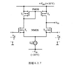 CMOS 源极耦合差分式放大电路如图题6.2.7所示，电路参数为+VDD=10 V，-Vss= -1