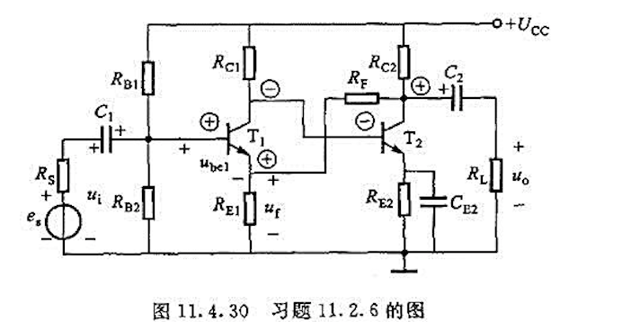 在图11.4.30所示的两级分立元件放大电路中：（1)哪些是直流负反馈？（2)哪些是交流负反馈？并说