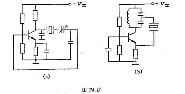 图P4.11所示石英晶体振荡器，指出他们属于哪种类型的晶体振荡器，并说明石英晶体在电路中的作用。请帮