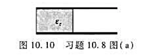 如图10.10所示，一平行板电容器，极板间距离为10cm，其间有一半充以相对介电常量εt=10的各向