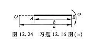 如图12.24所示，均匀带电刚性细杆AB，电荷线密度为λ，绕通过O点且垂直于细杆AB的轴以匀角速度速